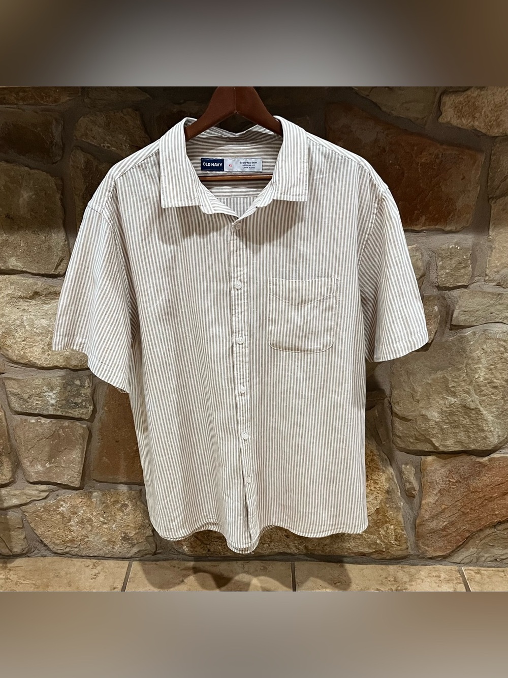 Old Navy Linen Blend Everyday Shirt Men’s XL Khaki Tan & Off White Stripes S/S